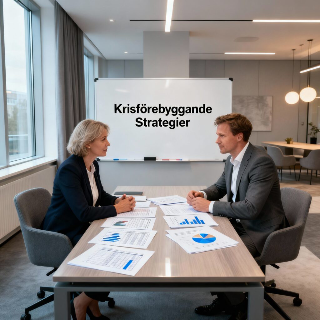 Företagare och coach i samtal vid ett bord med ekonomiska dokument i en modern kontorsmiljö, fokus på konkursförebyggande rådgivning och strategier för företagsstabilitet.