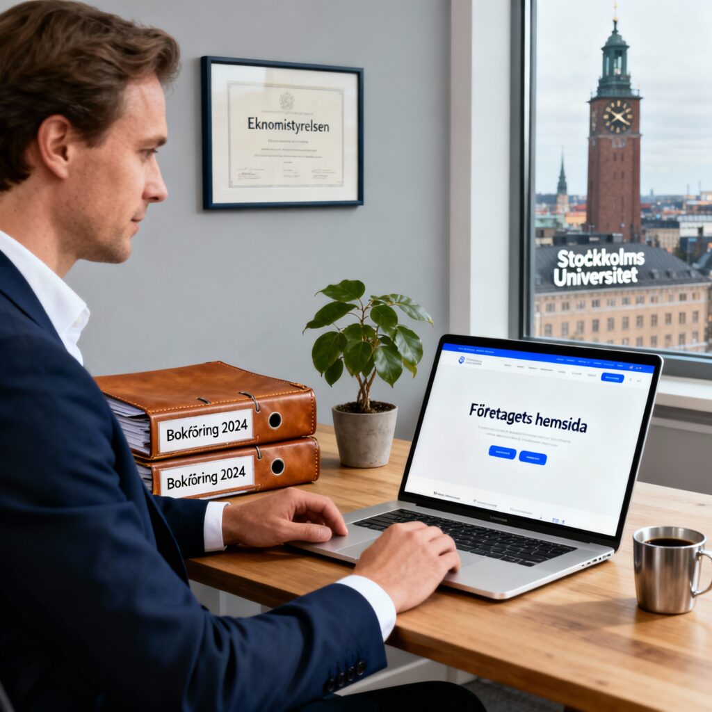 En företagare som ser över sin bokföring och hemsida om allt står rätt till